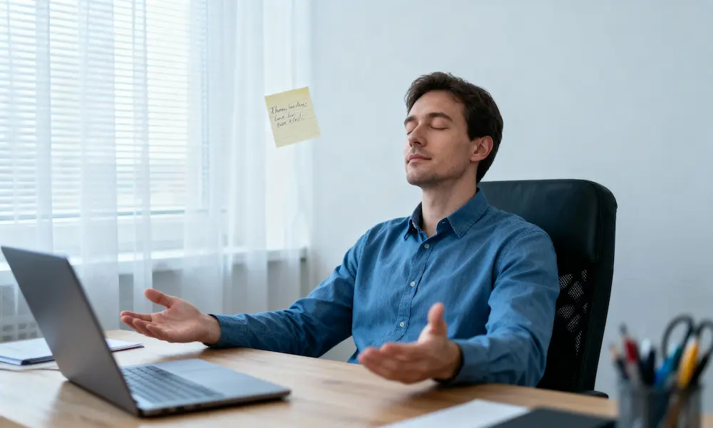 Person pauses at a neat desk, eyes closed, soft daylight through blinds, one priority note in sharp focus.