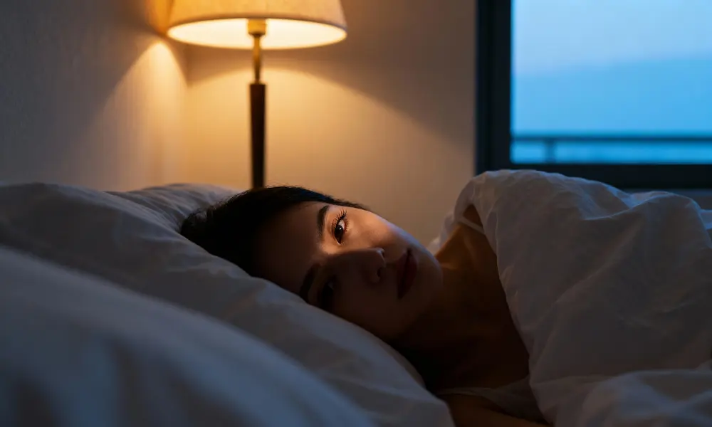 Person resting peacefully under warm lamp light, blue dusk at the window, soft linen textures.