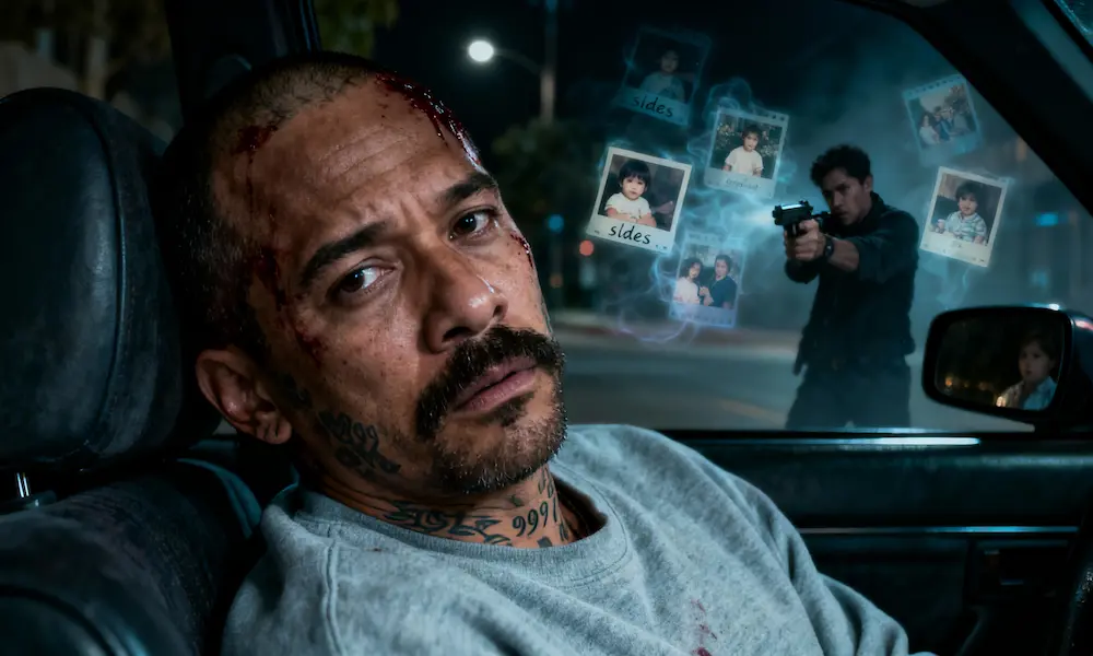Man shot in the head slumped in a car at night, blood visible, shooter reloading in the rear-view mirror, ghostly images of past memories flickering around him — representing the supernatural life review after a near-death shooting.