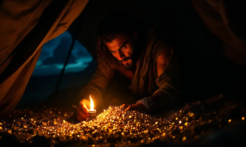 A man (Achan) secretly burying stolen treasure under his tent, with a sense of impending doom.