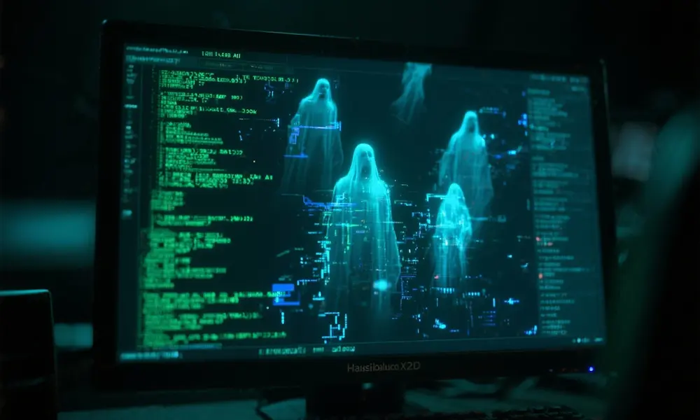 Computer screen displaying corrupted AI code with ghostly apparitions emerging from the digital static
