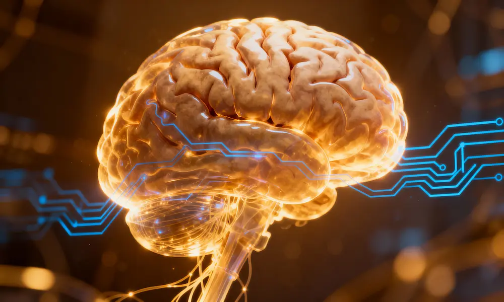AI circuits gently influencing a human brain symbolizing thought control