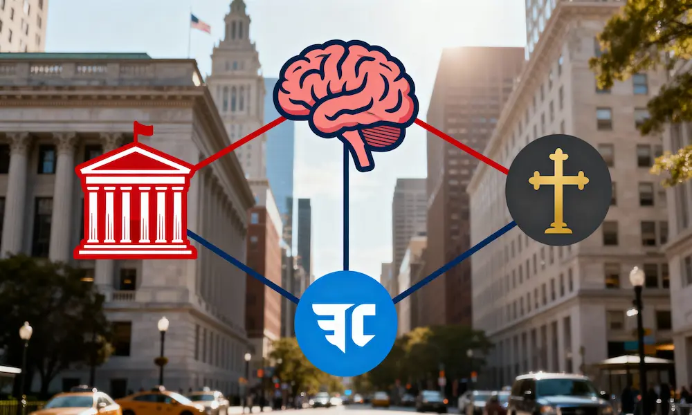Infographic showing government, tech, and faith motives connected to human brain for AI thought control
