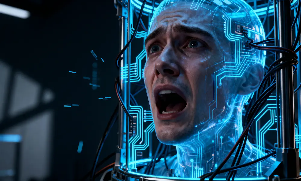 Human head trapped in digital cage of AI circuits symbolizing risks of AI thought control
