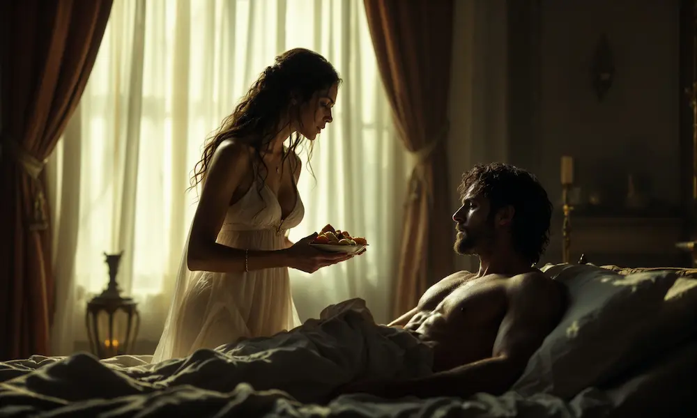 Amnon leering as Tamar brings food, unaware of his lustful intent.