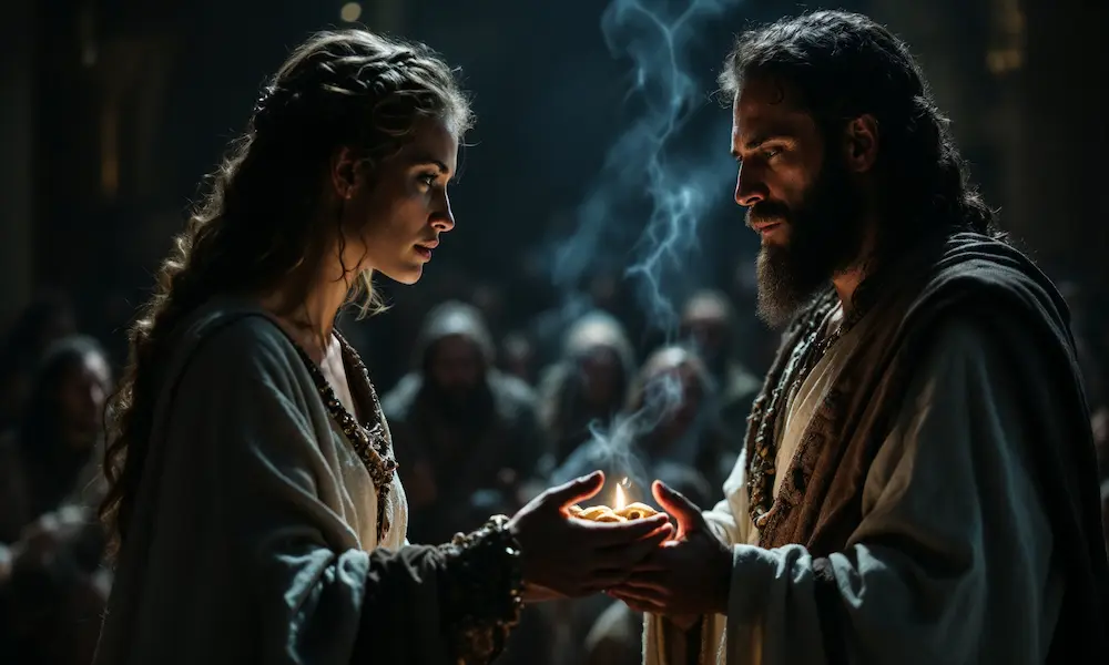 A couple (Ananias and Sapphira) presenting an offering, with a subtle, deceptive aura around them.