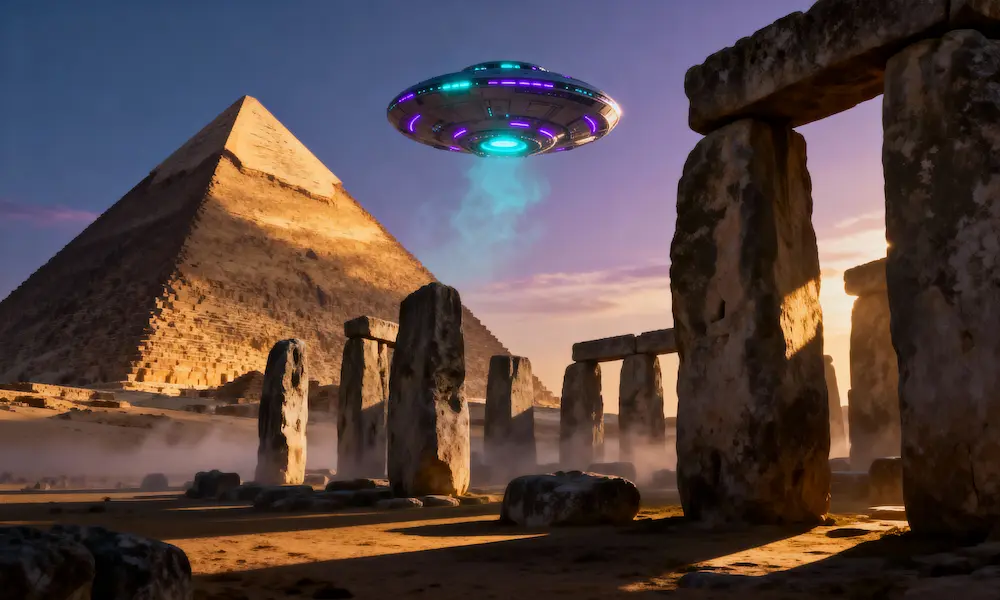 Composite of ancient wonders with subtle alien technology elements