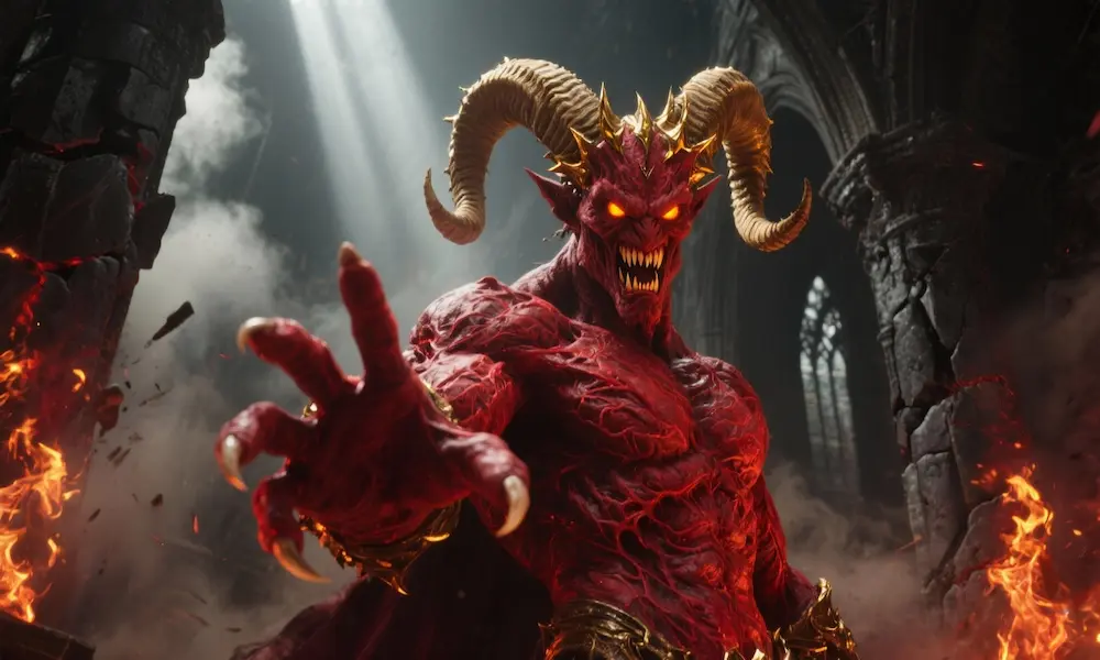 Seductive portrait of Asmodeus, the demon of Lust, cloaked in shadow and crimson light.