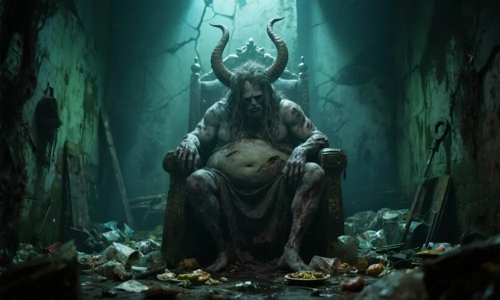 Shadowed portrait of Belphegor, the demon of Sloth, lounging in decay, half-dreaming.