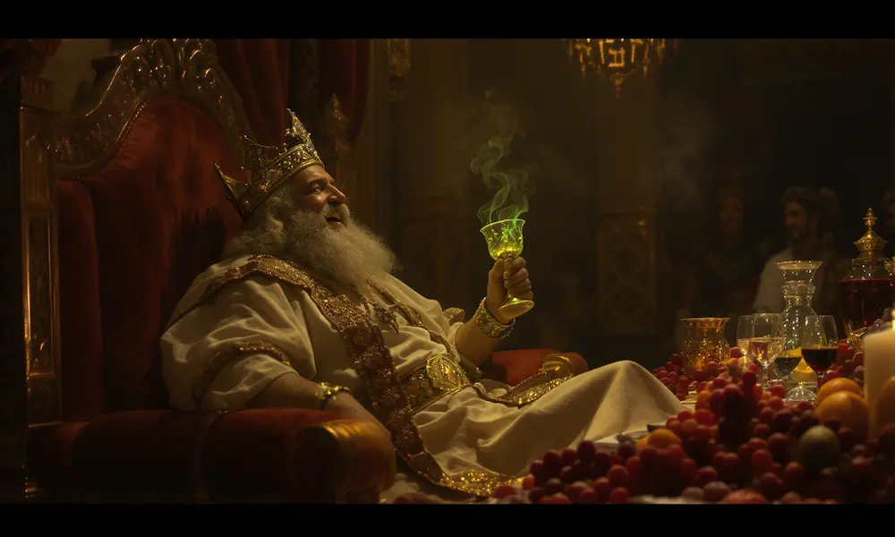 Babylonian king drinking from sacred vessels at a decadent banquet.