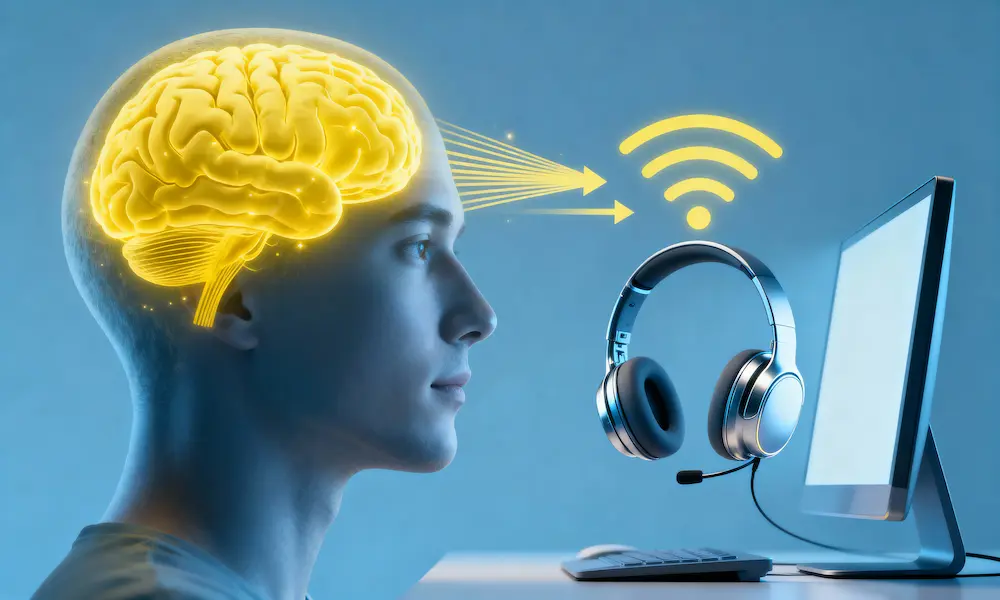 Infographic showing brain signals being read and transmitted by a brain-computer interface