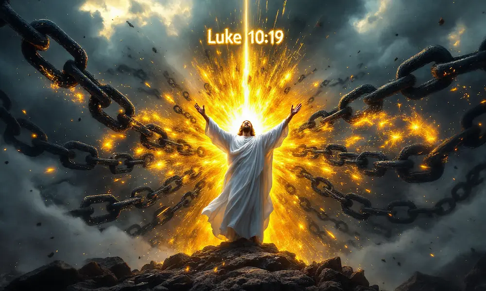 : Divine figure breaking chains across a family tree with radiant golden light.