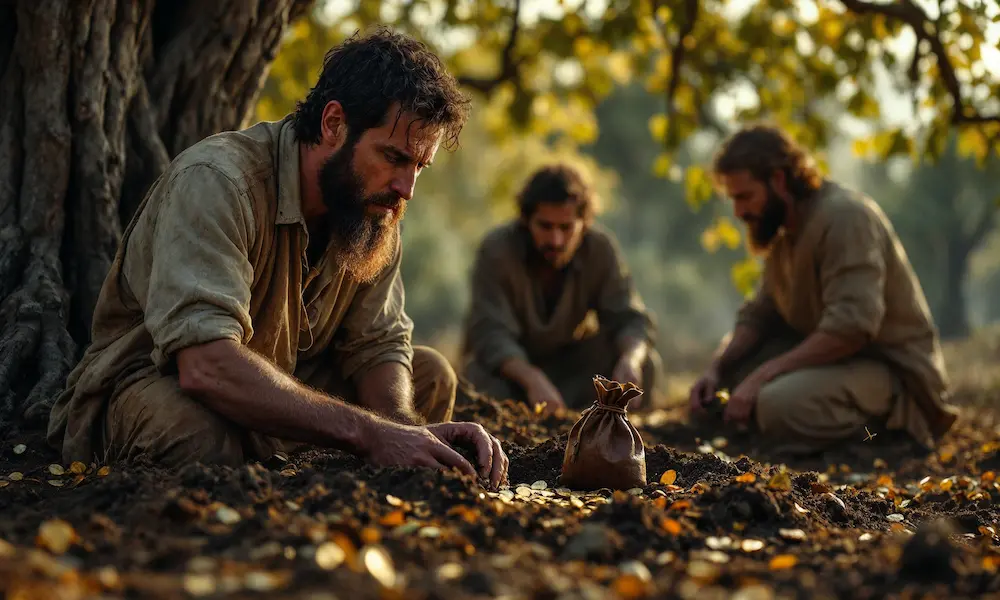 A fearful servant burying a bag of gold while other servants invest theirs.
