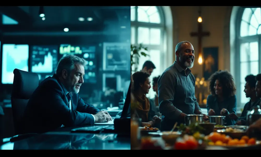 A businessman, initially isolated by wealth, then humbly serving others, with a subtle cross.