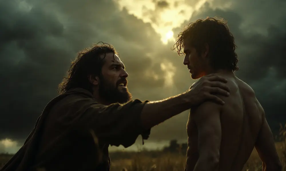 Cain leading Abel into a field, anger burning on his face.