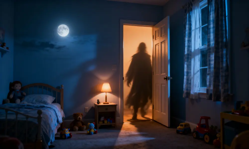 Child's bedroom at twilight showing supernatural spiritual oppression and demonic attacks