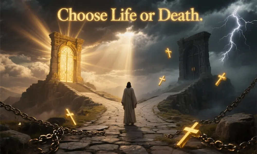 Biblical crossroads showing path to heaven and path to hell with glowing sign “Choose Life or Death”