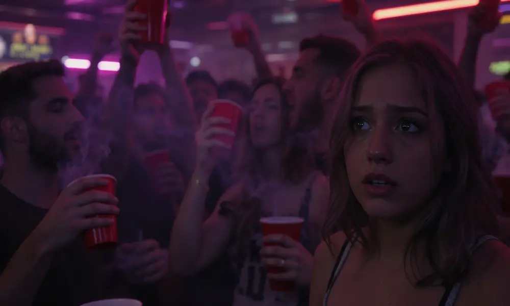 Students drinking excessively at a party, one girl looking conflicted.