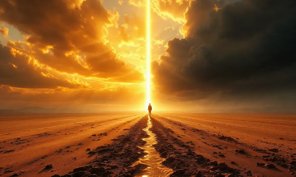 Cinematic image of crossroads between light and eternal shadow