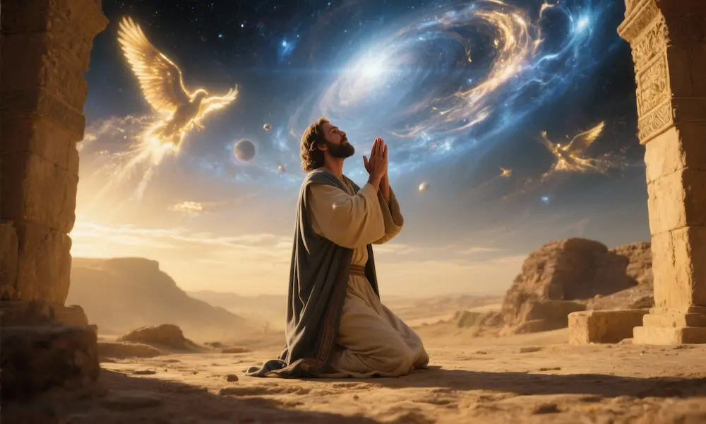 Daniel kneeling in prayer with cosmic spiritual warfare suggested in the heavens above