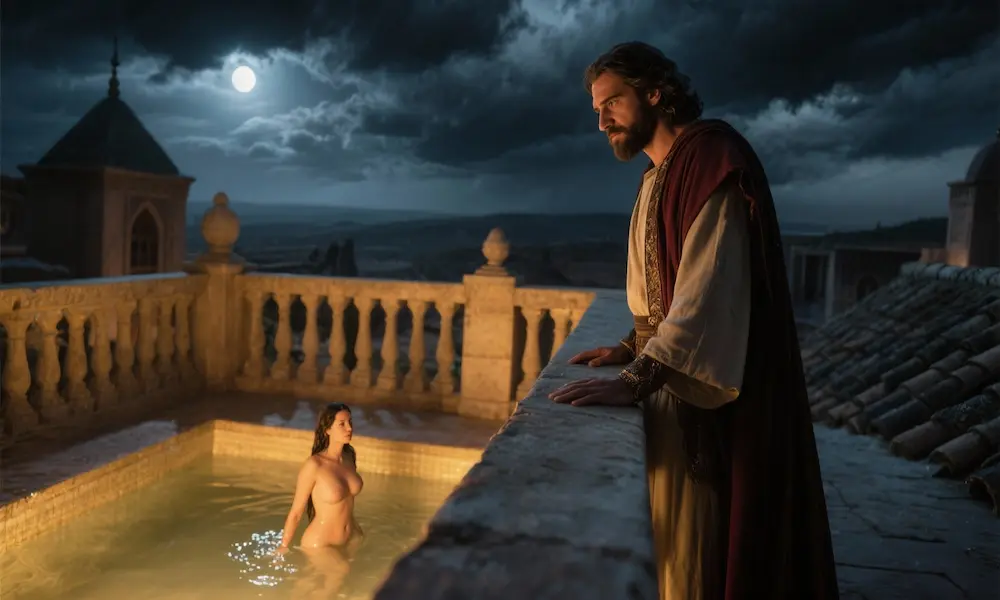 David gazing from the rooftop at Bathsheba bathing, desire in his eyes.