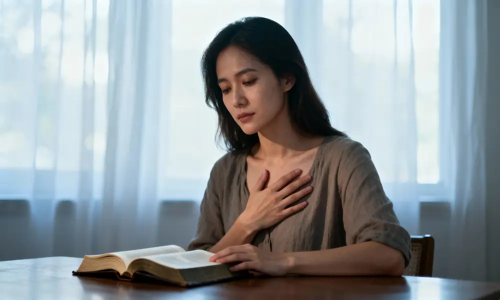 Midday prayer by a window with one hand over heart and Bible open on table.