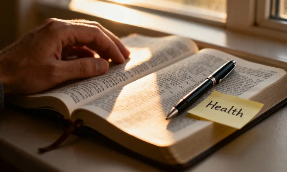 Morning hands over an open Bible on a neat desk with warm sunlight and pen. Caption: Speak life and health over your day.