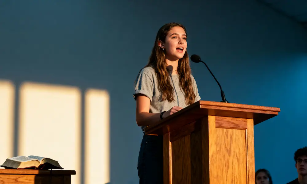 Young woman speaks boldly at community center podium with open Bible and afternoon light.
