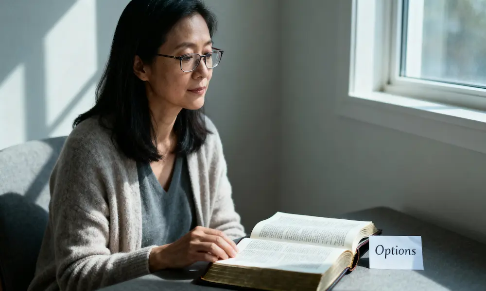 Woman in study with open Bible and decision note, pen in hand.