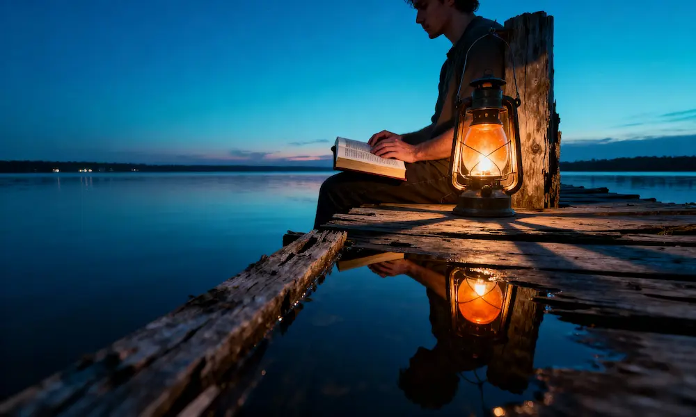 Person sits peacefully on lakeside dock with open Bible at blue hour, lantern glowing softly.