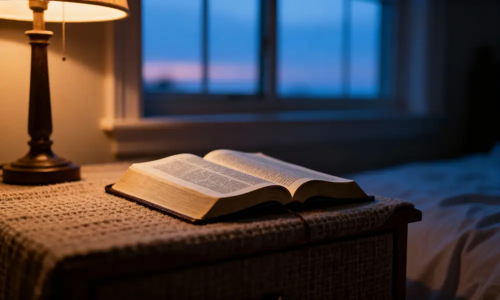 Man at bedside with open Bible on nightstand, eyes closed, blue-hour calm.