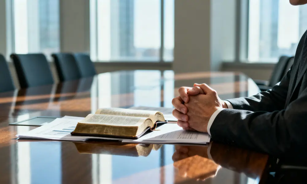 Business executive prays with open Bible and documents in a boardroom with morning light.