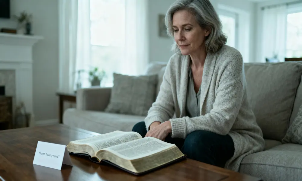 Woman writing a boundary card beside an open Bible in soft daylight.