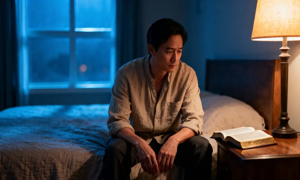 Man by bed with open Bible on nightstand at dusk, eyes closed in peace. Caption: My peace I give to you.