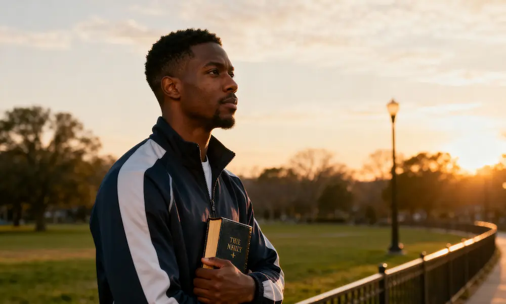 Man near park path with Bible under arm in golden morning light.