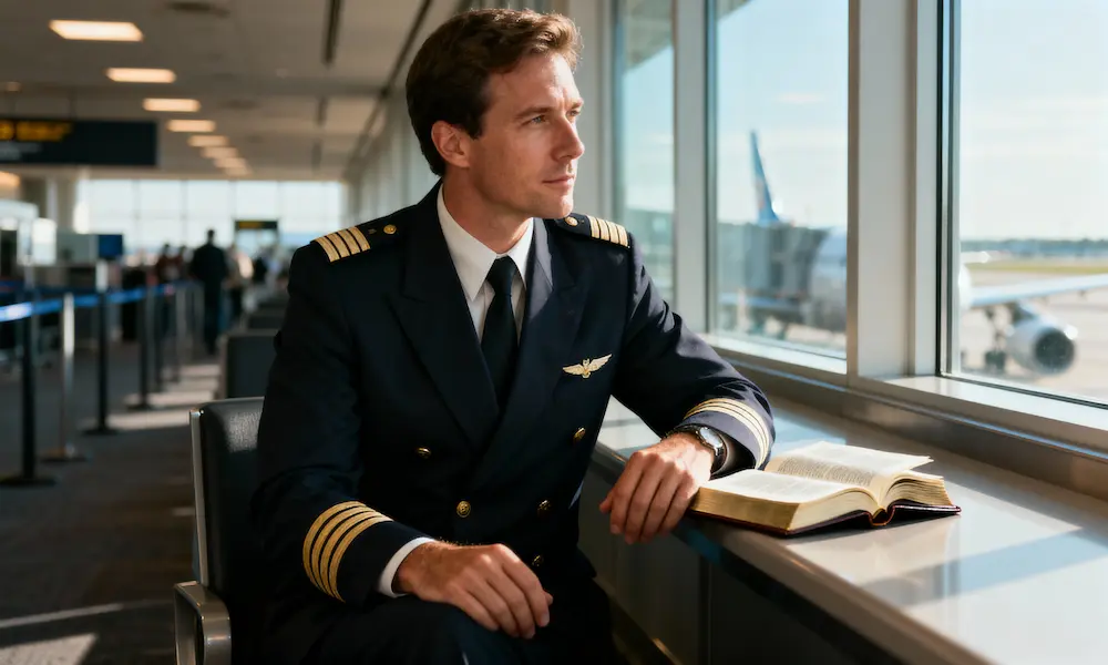 Airline pilot reads Bible at airport gate with morning light and professional responsibility.