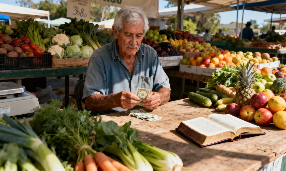 Elderly farmer counts earnings beside fresh produce with open Bible at sunny market table.