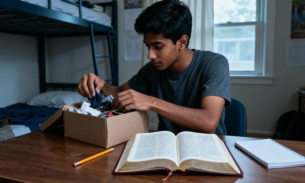 Student tidying a small desk, leaving an open Bible and notebook.