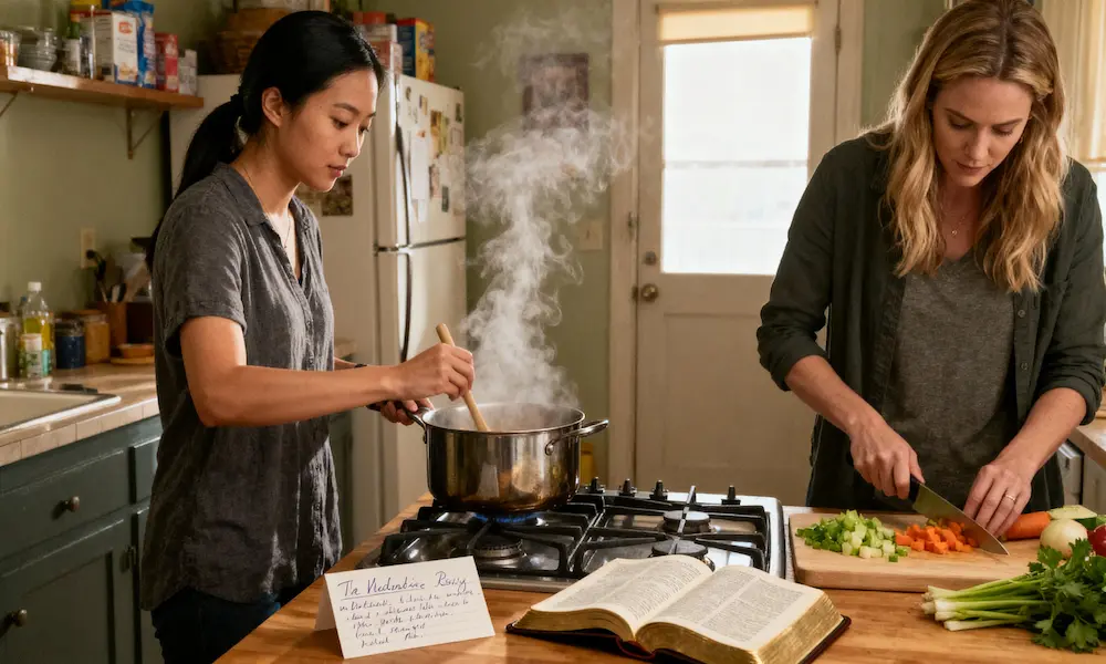 Roommates cooking with an open Bible and recipe card on the counter.