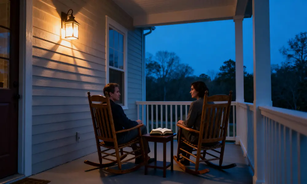 Two people have peaceful conversation in porch rocking chairs with Bible and warm evening light.