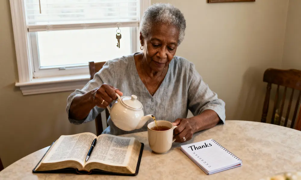Grandmother pouring tea beside an open Bible and gratitude list in morning light.