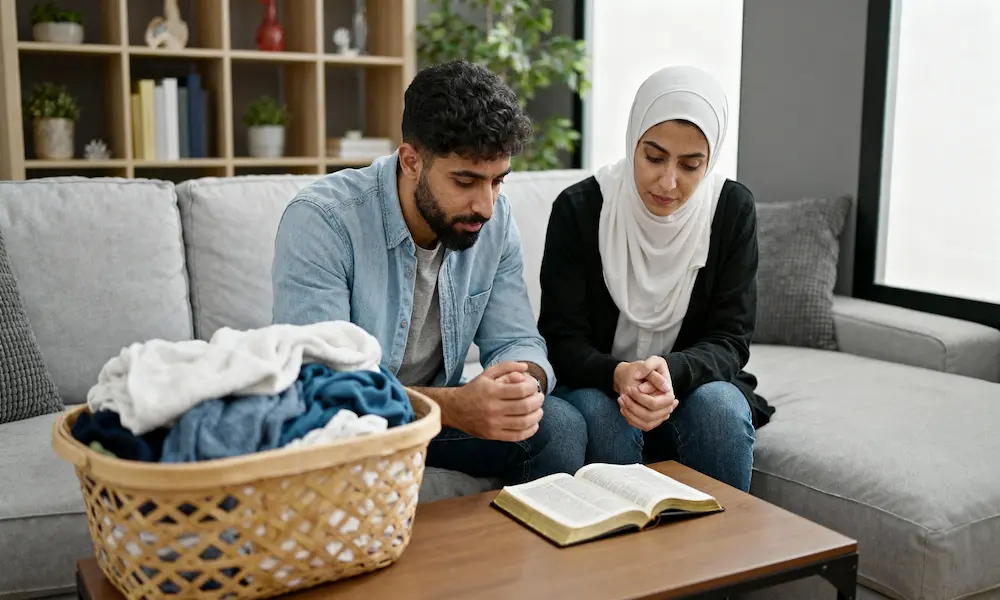 Couple folding laundry with an open Bible on the coffee table.