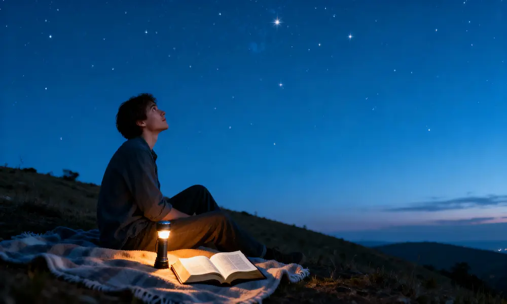 Person sits on hilltop blanket stargazing with open Bible and flashlight at blue hour.