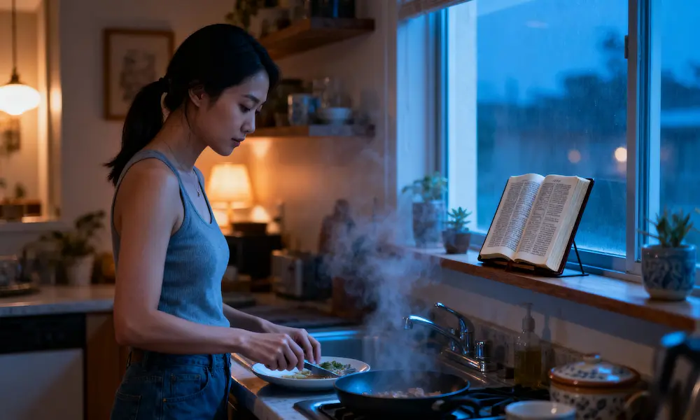 Woman finishing dishes with an open Bible on a shelf at blue hour.