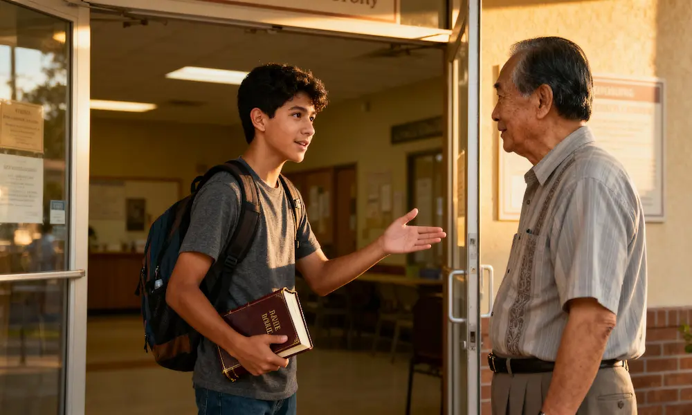 Teen holding a door for older man with a Bible under his arm.