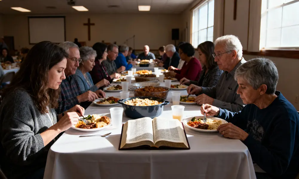 Multi-generational congregation shares fellowship meal with open Bible and warm afternoon light.