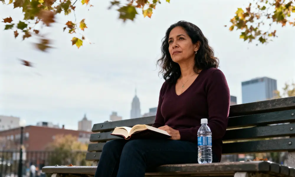 Woman on park bench reading an open Bible during a walk break.