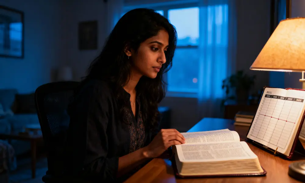 Person planning the week at a desk with an open Bible at dusk.