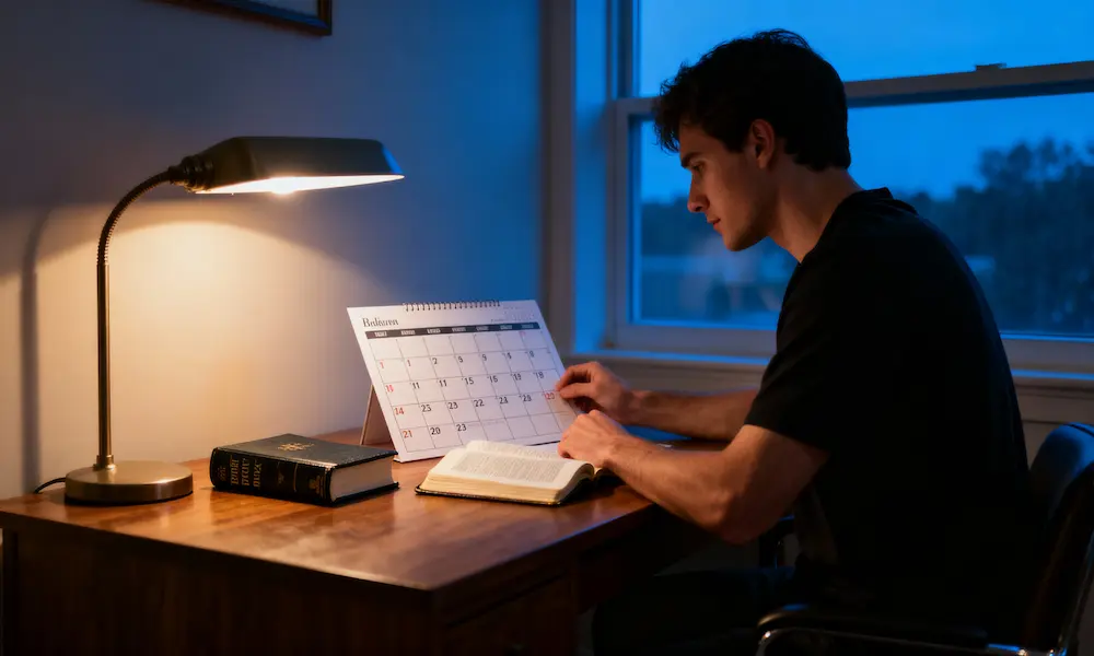 Person reviews weekly calendar with open Bible and prayer journal at blue hour desk.