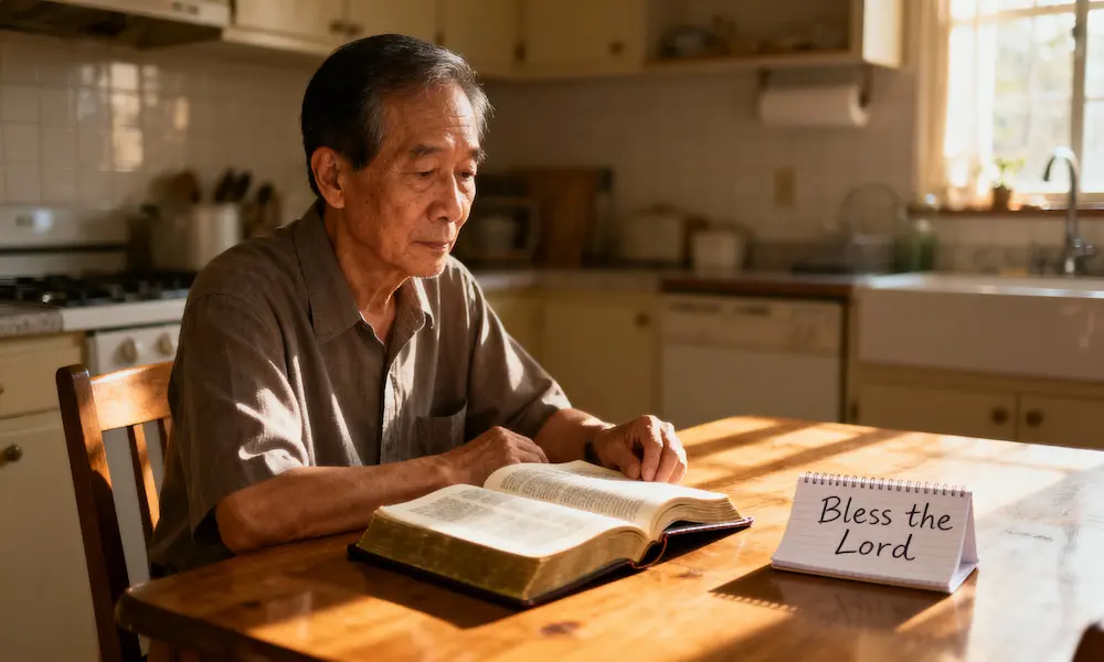 Older man at a table with an open Bible and notebook in morning sunlight.